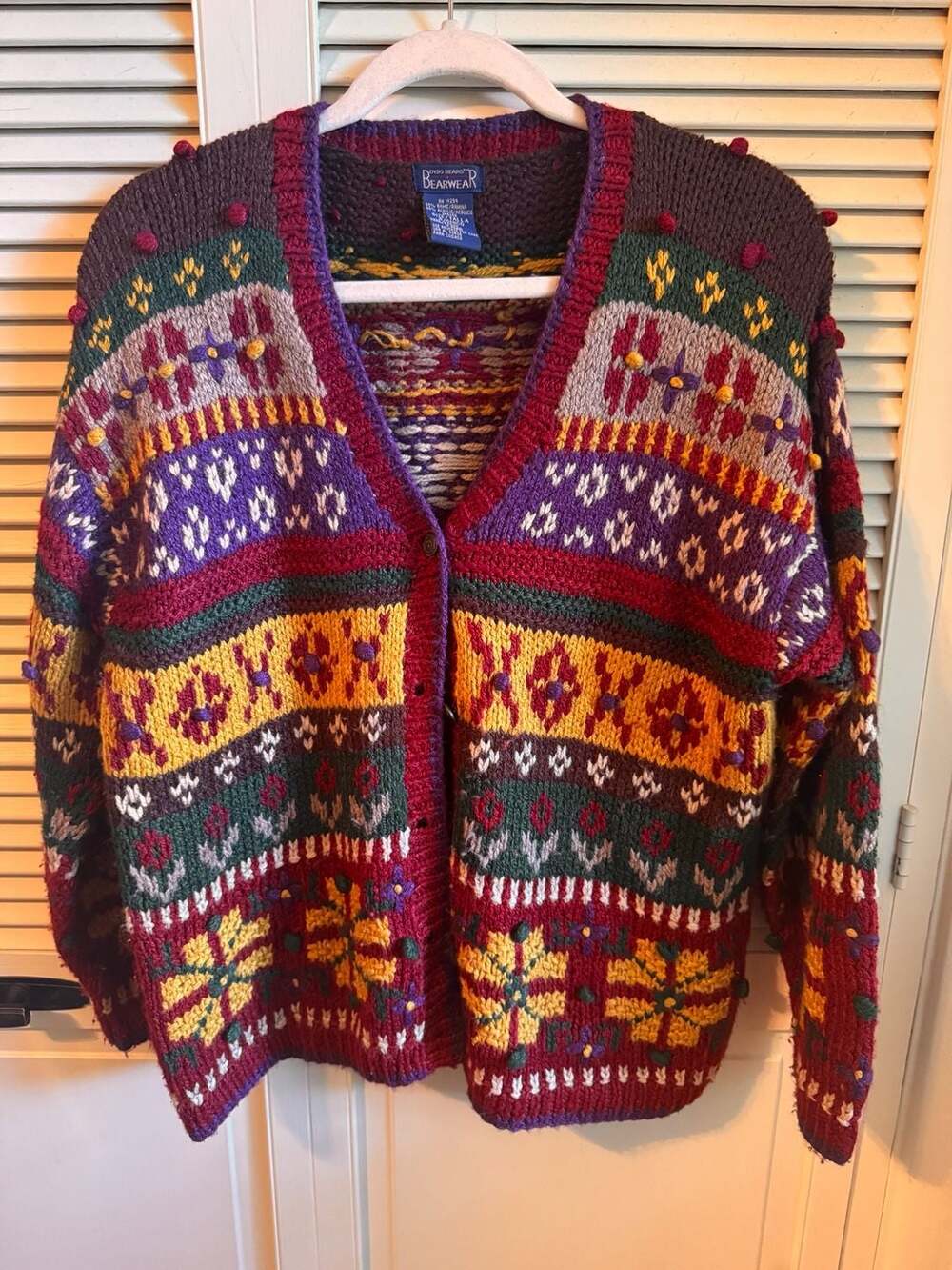 Boyds Bears Bearwear Vintage Chunky Knit Multicolor Geometric Pom Pom Cardigan S